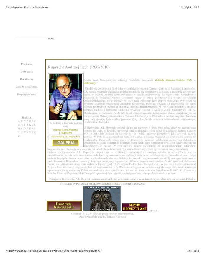 Printed encyclopedia profile of Andrzej Ruprecht