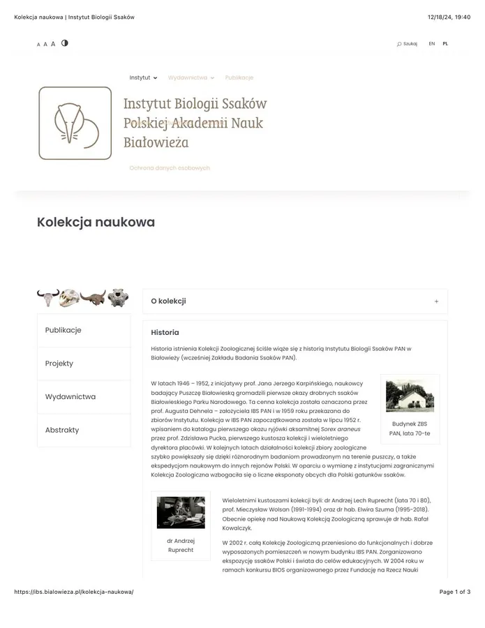 Printed page about the Mammal Research Institute scientific collection
